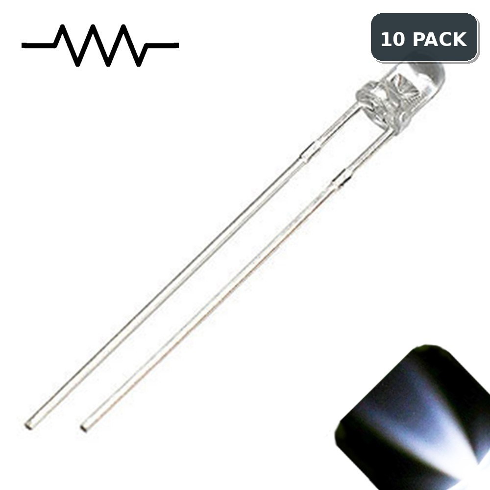 10 x 12v 3mm LED Light Cool White Ultra Bright Internal Resistor 5v-15v 9v 6 no