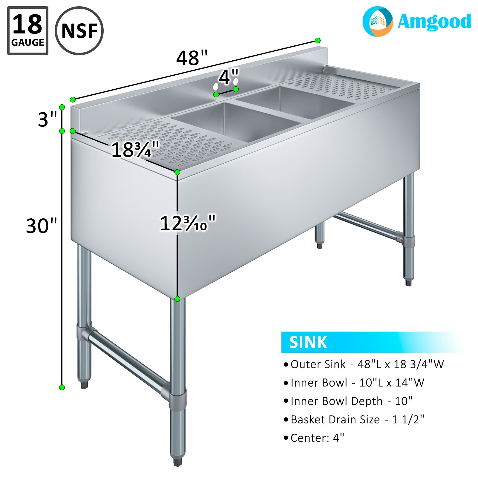 48 in. x 19 in. Two Compartment Underbar Sink with Two Drainboards