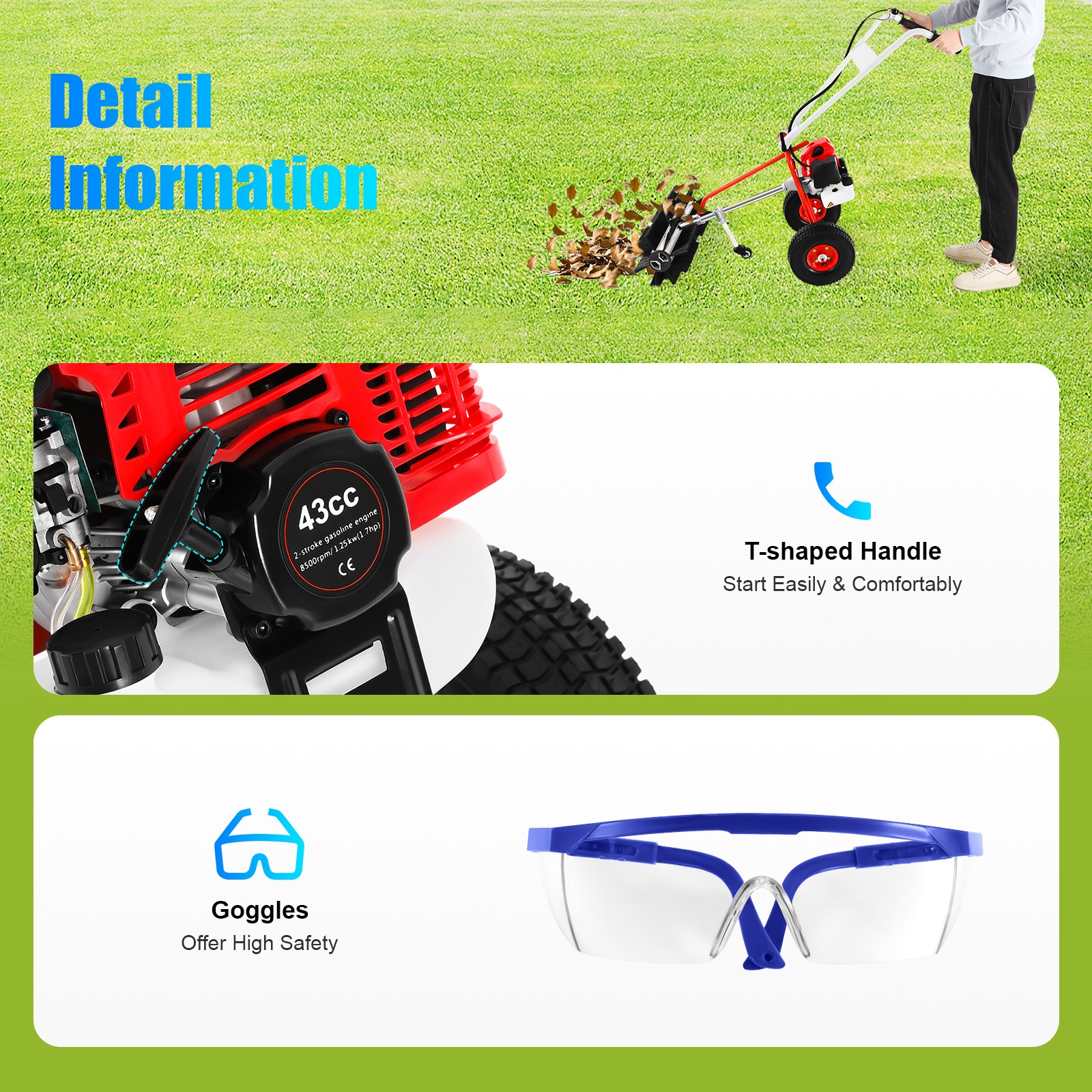 43CC 1.7HP Walk Behind Power Sweeper Broom 2-Stroke Gas Engine Sweeper Lawn Turf