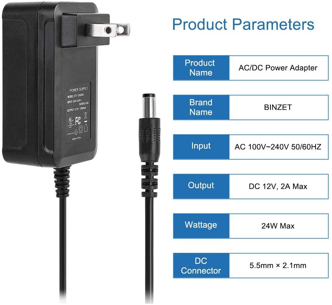AC 110-220V to DC 12V 2A 24W Power Supply Adapter Transformer Jack 5.5mm X 2.1mm