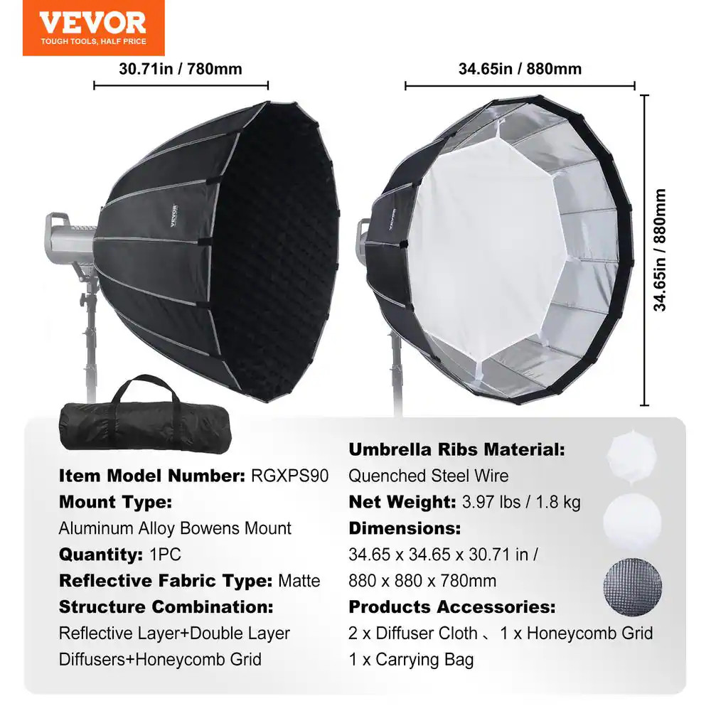 Parabolic Soft Box 33 In. Quick Release and Fold Lightweight and Portable Univer