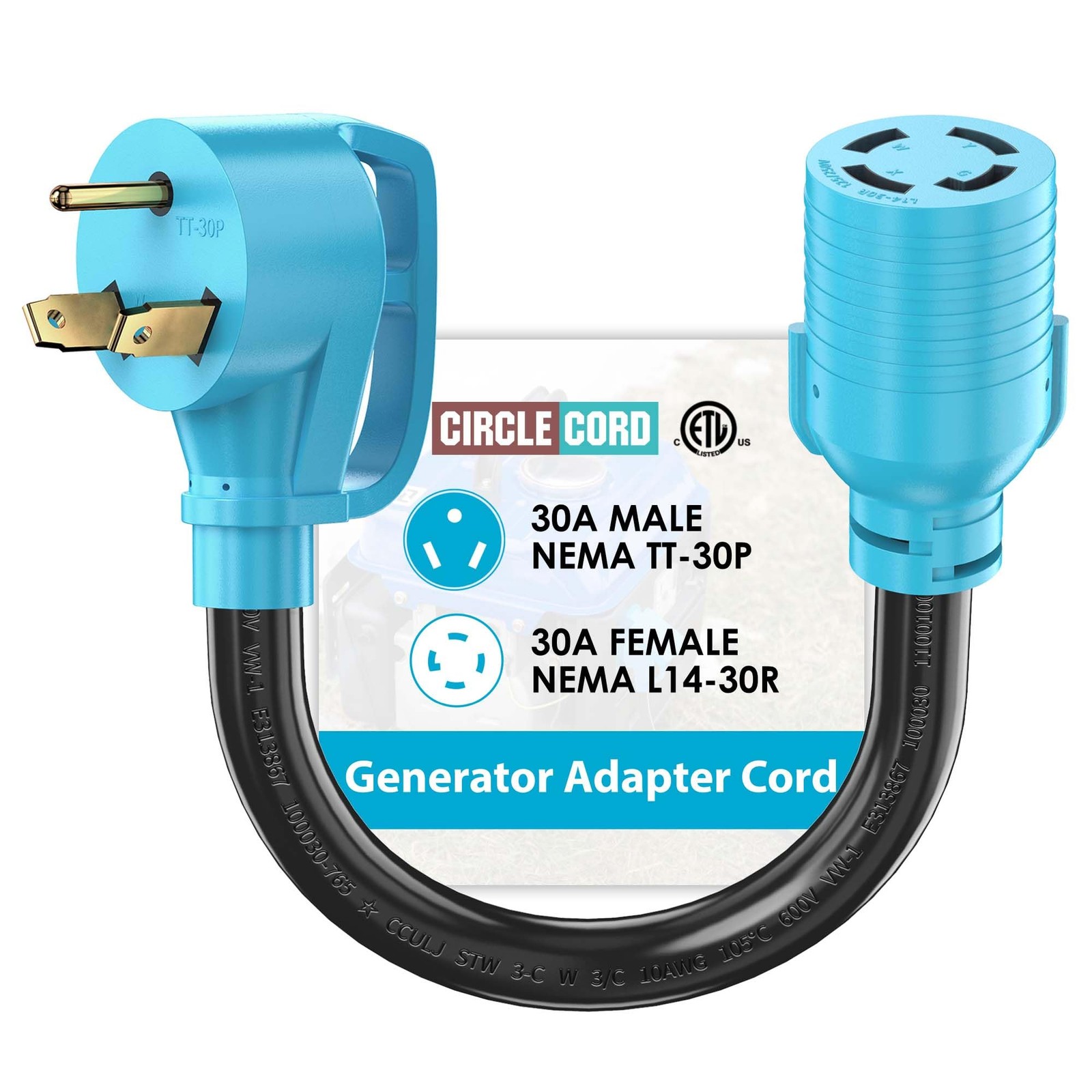 CircleCord NEMA TT-30P to L14-30R Adapter Cord, 30 Amp 3 TT-30P/L14-30R, Blue
