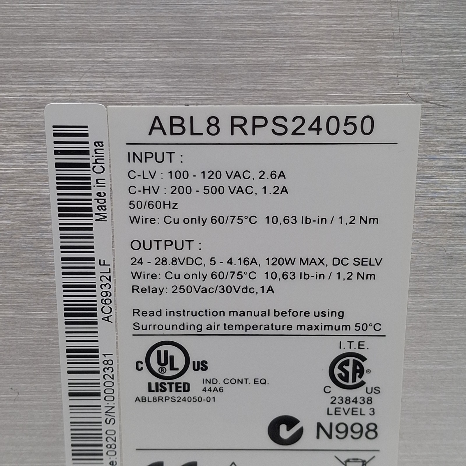 Telemecanique ABL8RPS24050 Power Supply 120/500VAC In, 5-4.16A 24-28VDC Out