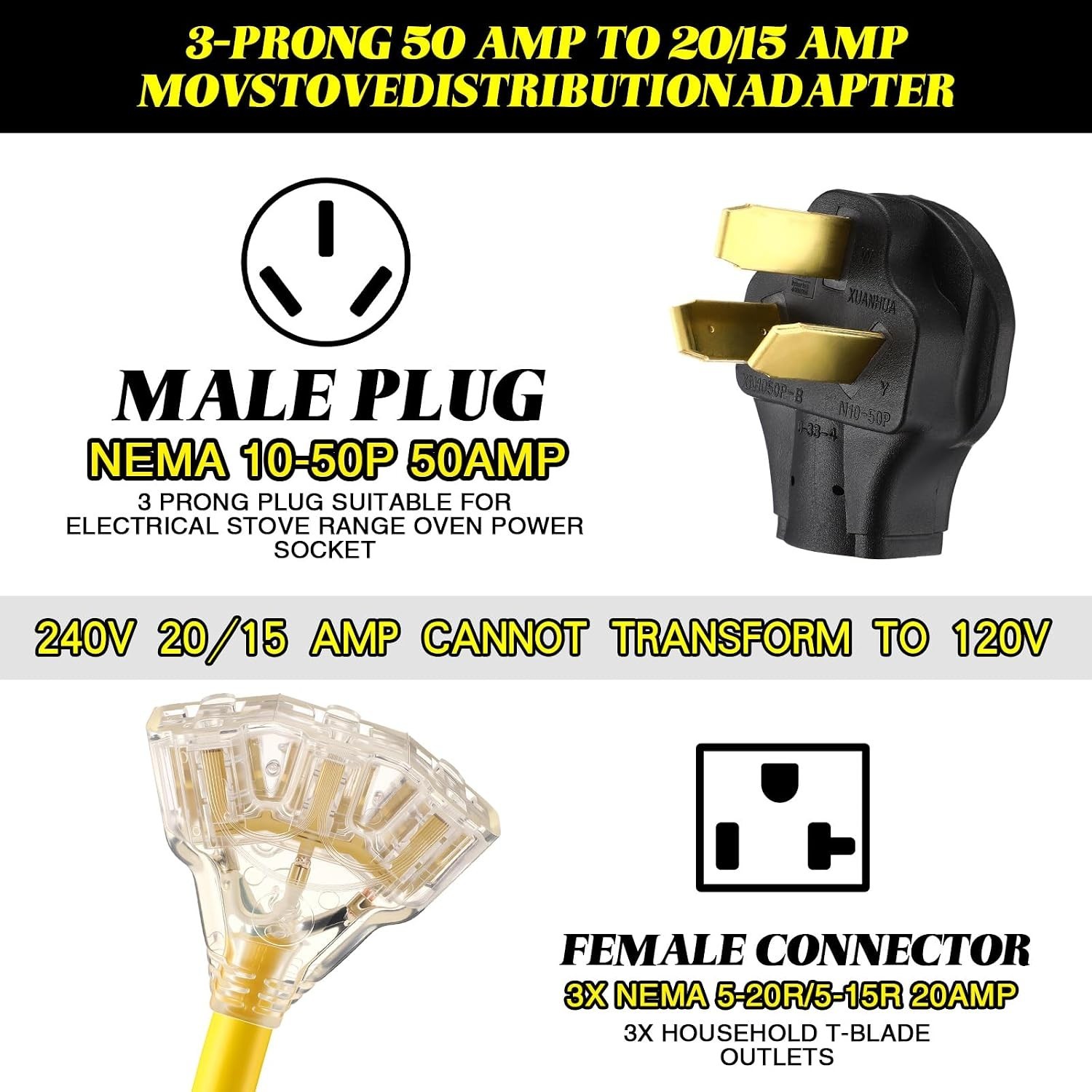 3 Prong 220V to 110V Adapter Plug for Gas Stove, Oven Converter NEMA 10-50P