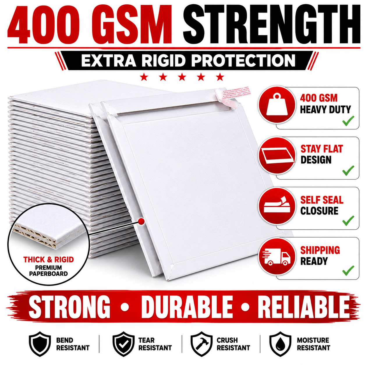 7×9 Rigid Photo Mailers Stay Flat Cardboard Envelopes Self Seal 400 GSM White