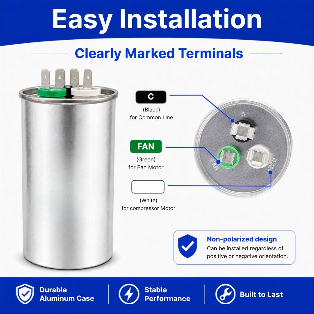 Air Conditioner 35/5uf, Round Dual Run Capacitor — 35+5 MFD, 450VAC NEW