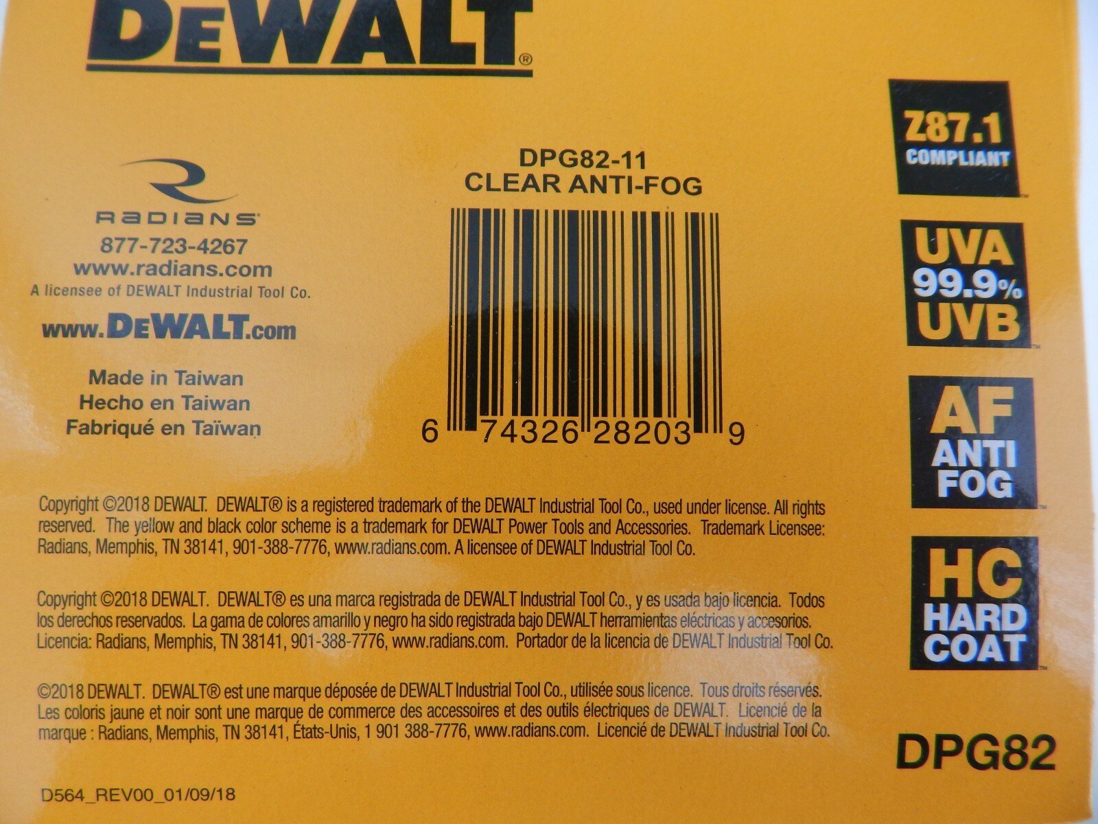 DEWALT DPG82 Concealer Safety Goggles with Clear Anti-Fog Lens New