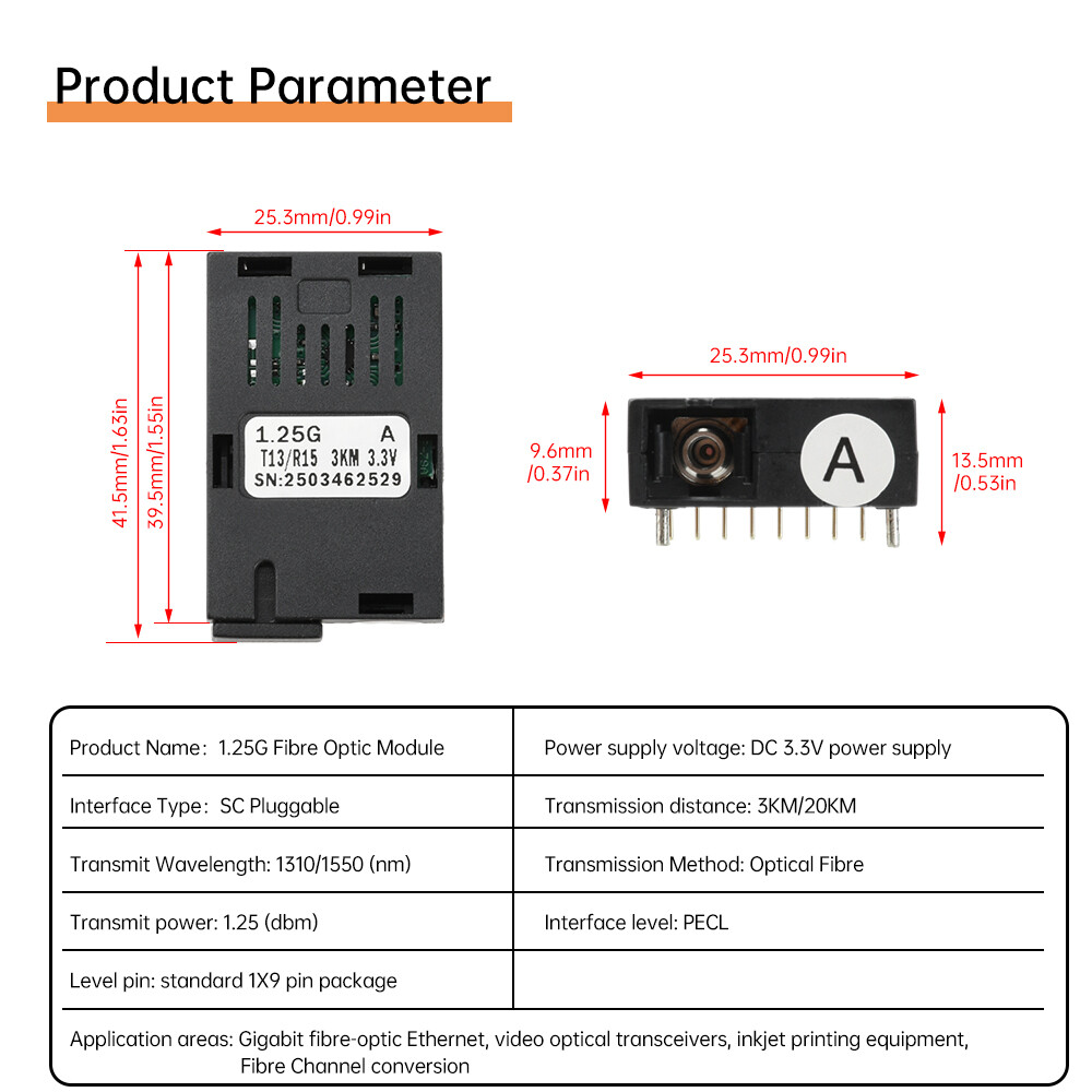 1.25G Fiber Optical Module 1310/1550nm 3/20KM Single-Mode SC Transmitter Receive