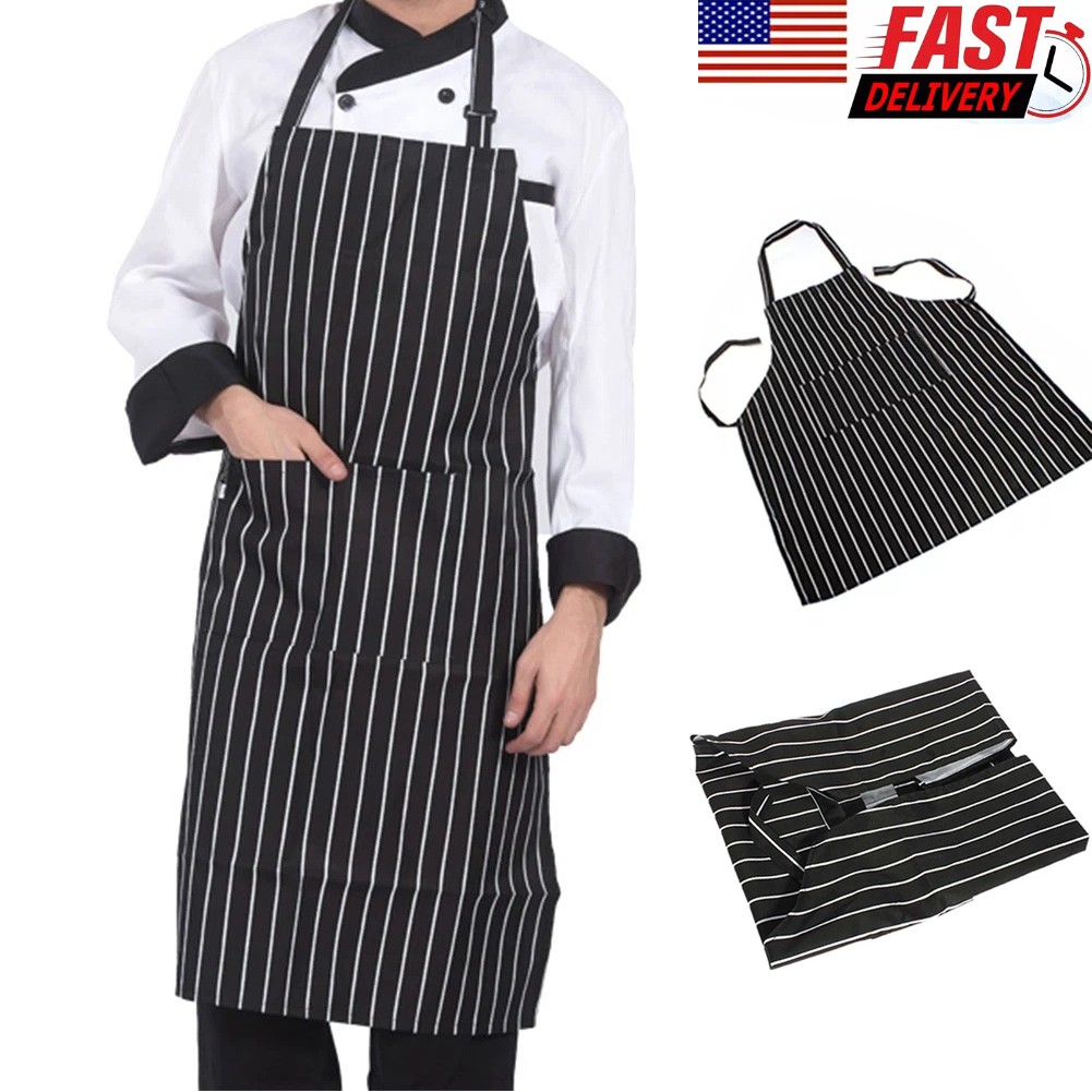 1Pc Adjustable Chef Apron with Two Pockets Striped Kitchen Bib for Men and Women