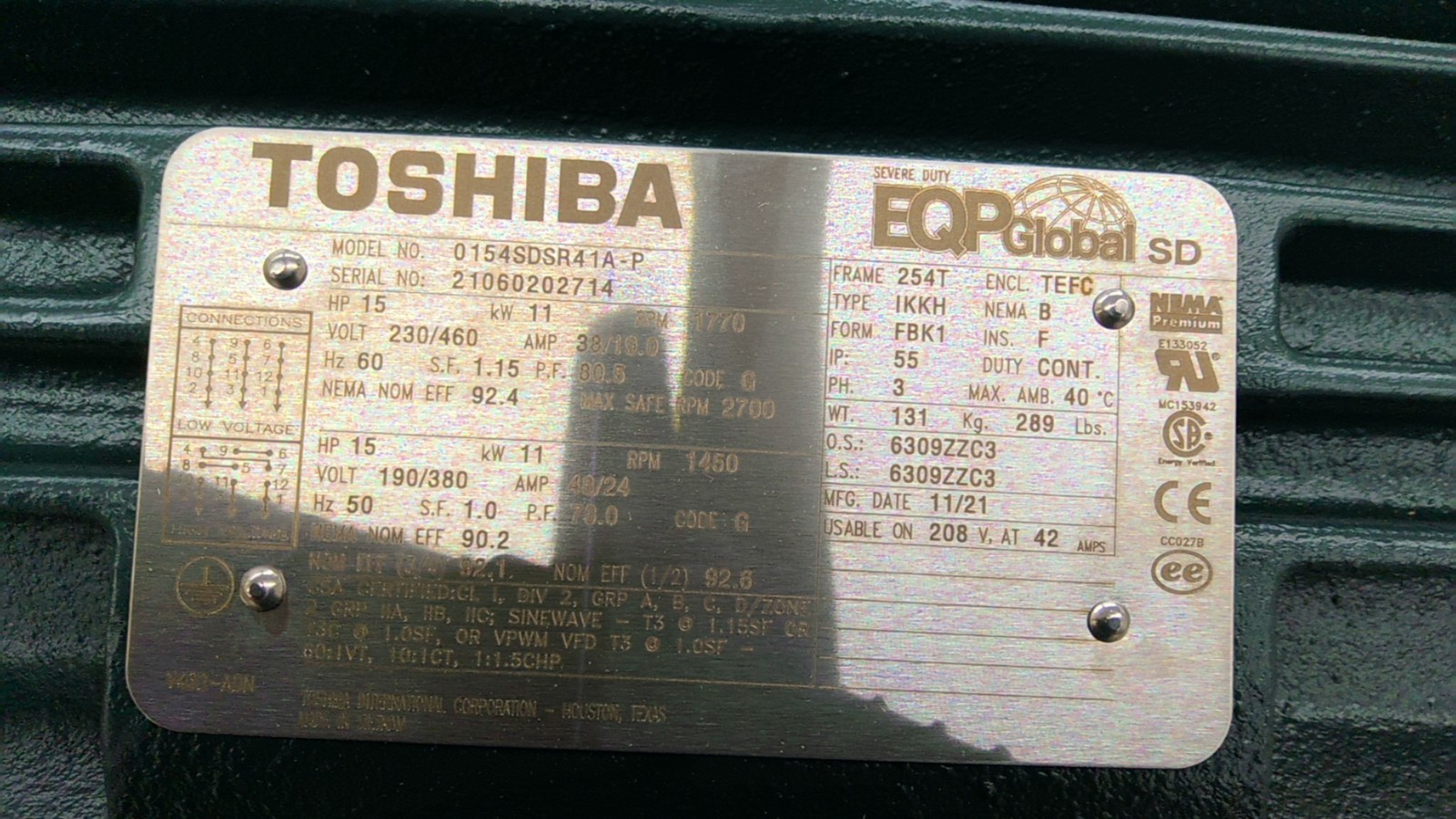 Toshiba 0154SDSR41A-P 15Hp Ac Motor 1800Rpm 4P 3Ph 254T 230/460V Tefc 60Hz