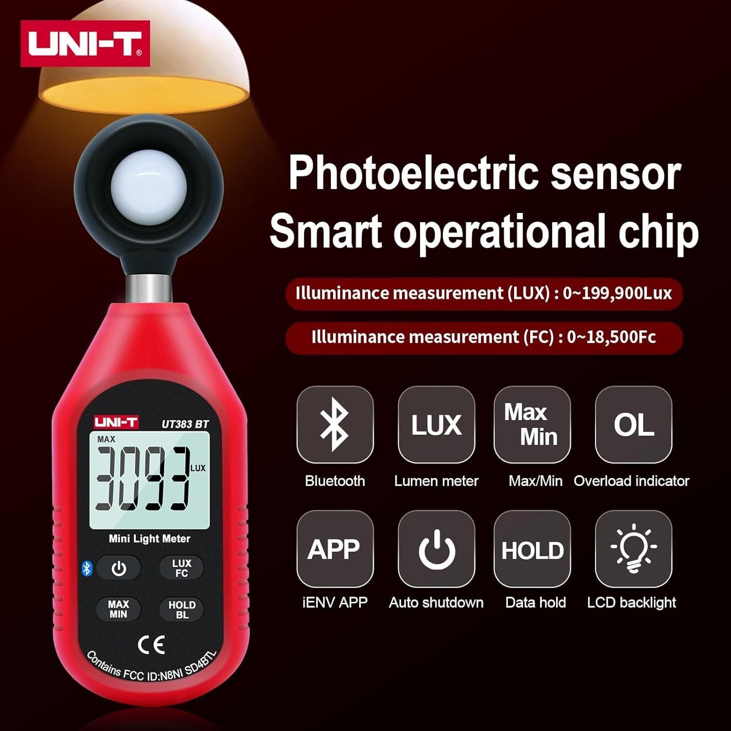 UNI-T Digital Bluetooth Illuminometer Light Meter Luxmeter 199900Lux UT383BT