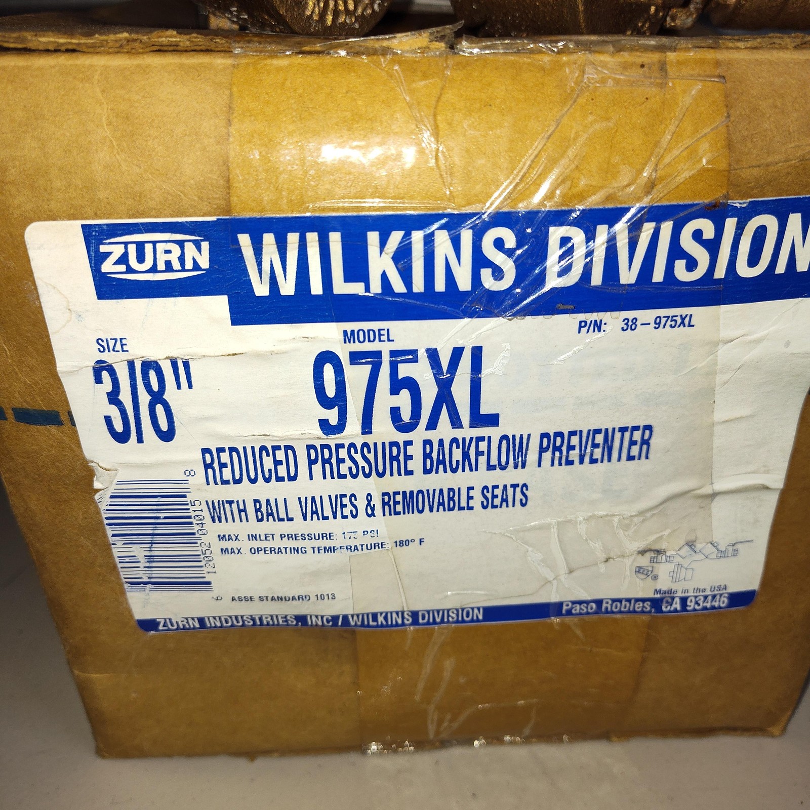 Zurn Wilkins 975XL 3/8in Reduced Pressure Backflow Preventer 38-975XL Brass USA