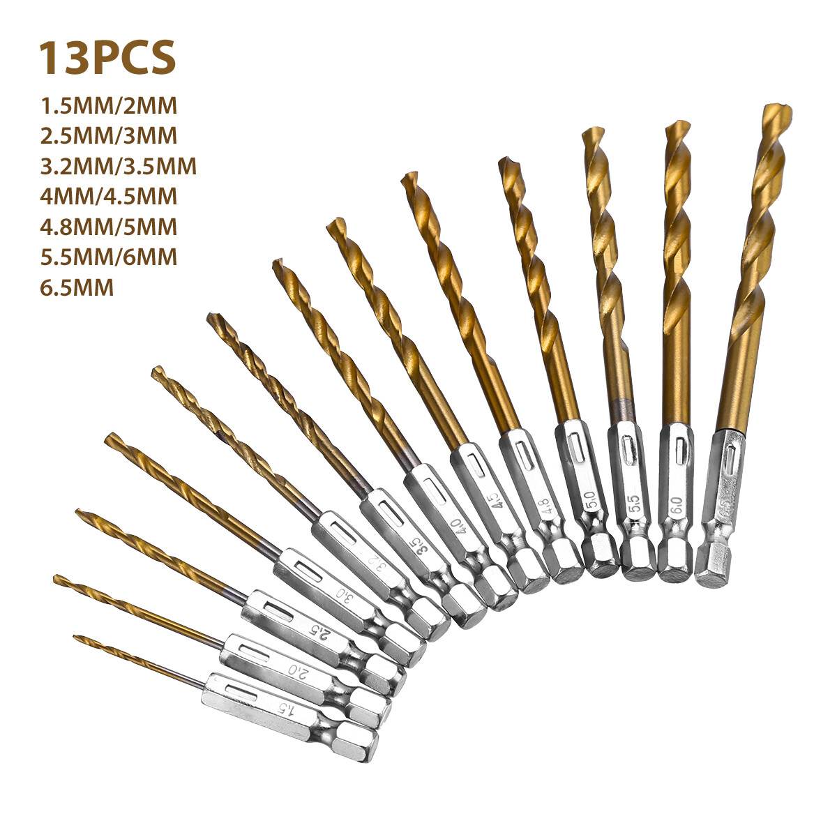 13pcs 1/4» Hex Shank Titanium Coated HSS Steel DRILL BIT Set Metal Wood Plastic