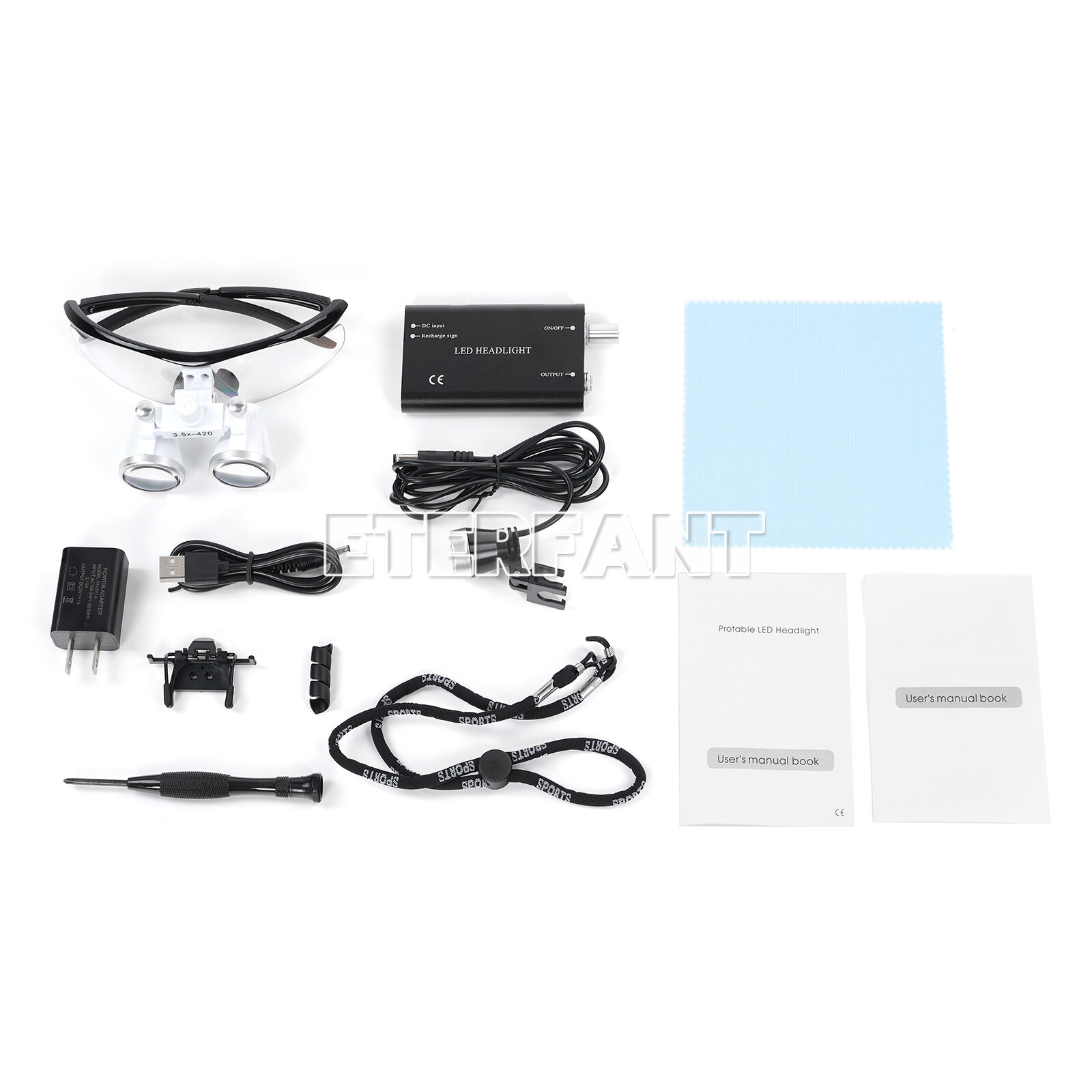 ETERFANT Dental 3.5x Magnifier Binocular Loupes+3W LED Head Light Lamp Medical