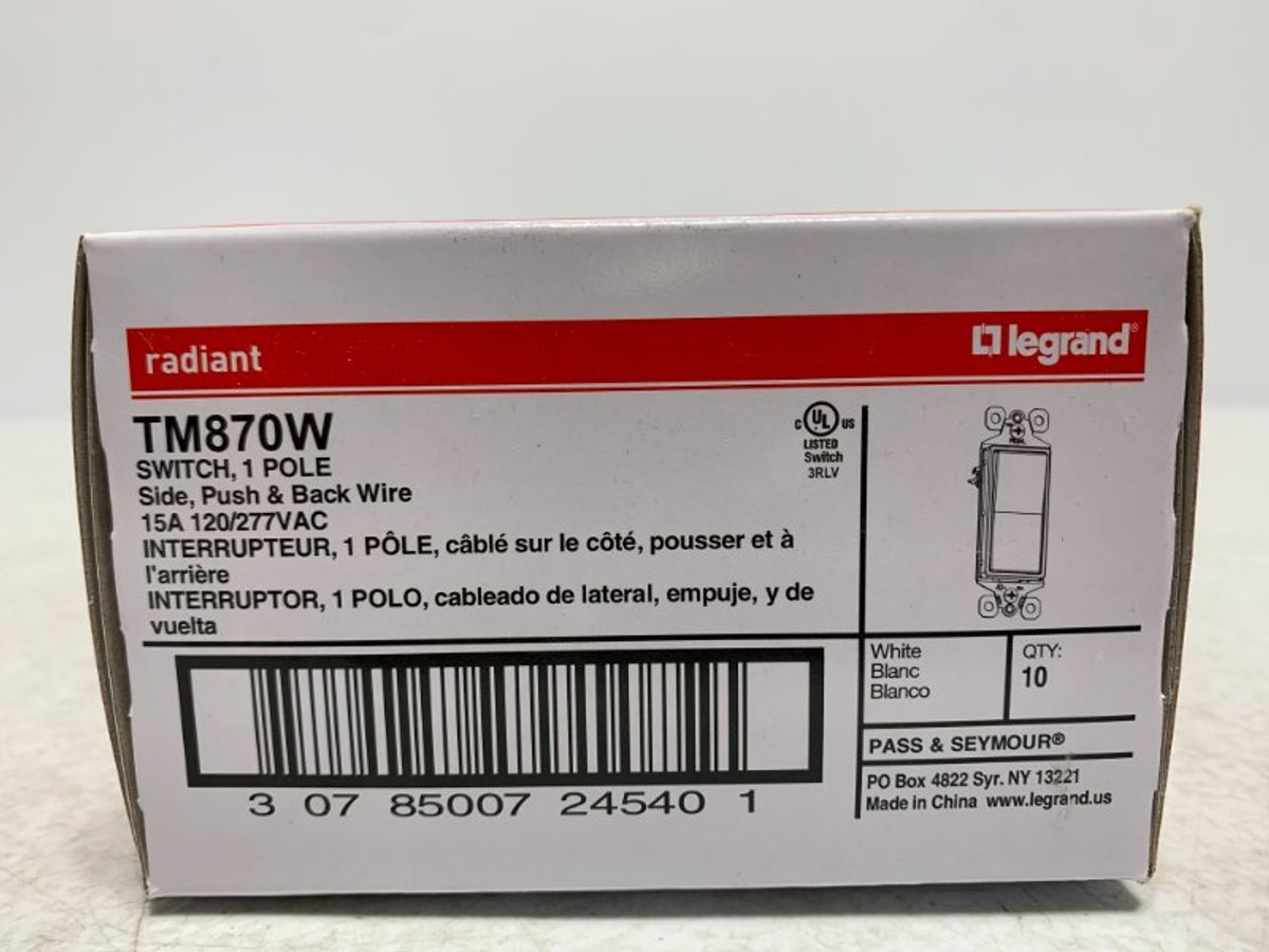 Legrand TM870W Switch 15A 120/277V 1-Pole White (lot of 10)