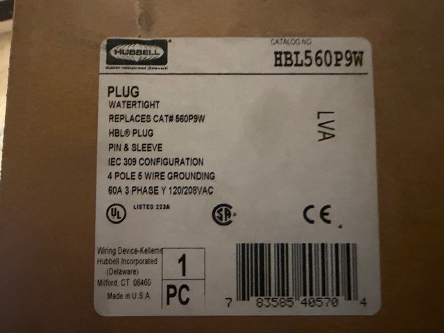 HUBBELL HBL560P9W 60A 120/208V 4POLE 5 WIRE PIN AN SLEEVE PLUG NEW IN BOX