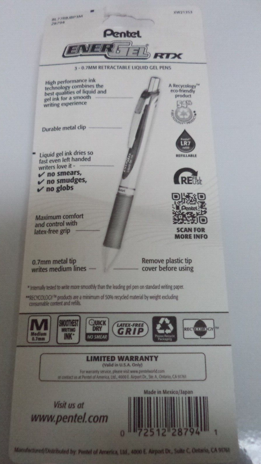 3 Pentel EnerGel RTX Retractable Liquid Gel Pen VIOLET + Ink FINE 0.7mm 28787