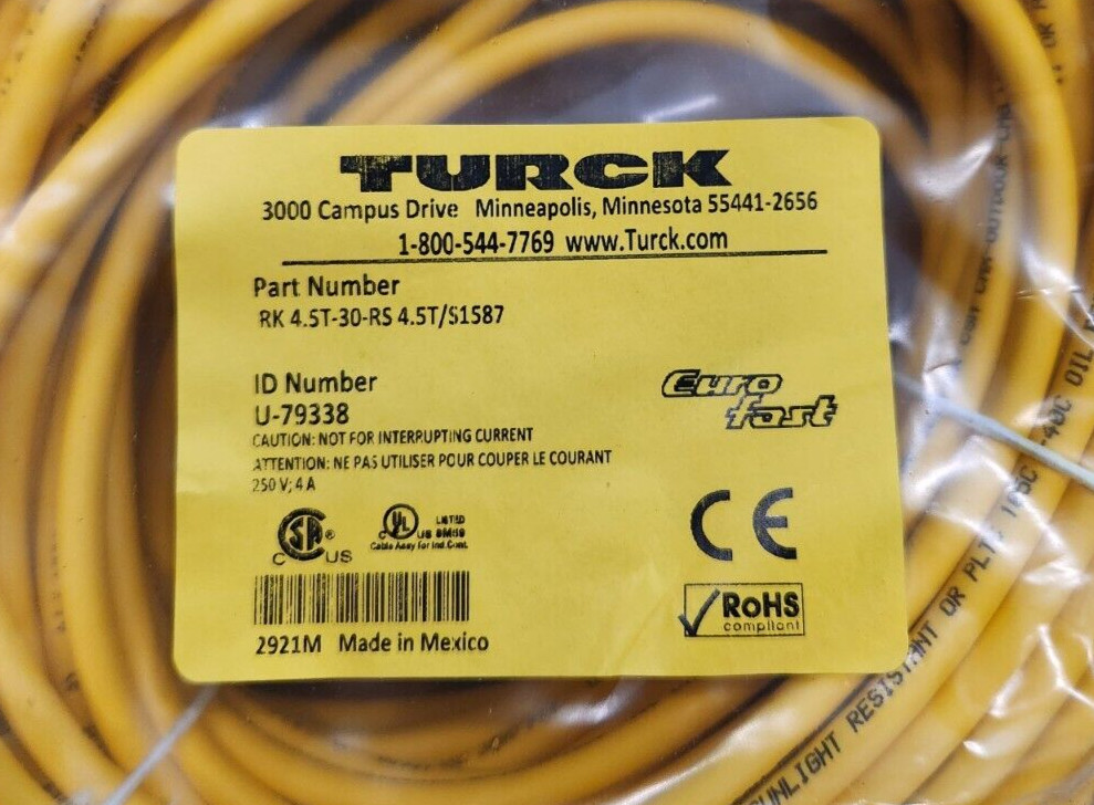 Turck RK 4.5T-30-RS 4.5T/S1587 30 Meter QD Cable M12 Cordset ID U-79338 EuroFast