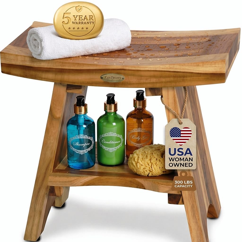 EcoDecors Teak Shower Bench 18″ 300 lb Capacity Waterproof Bath Seat with Shelf