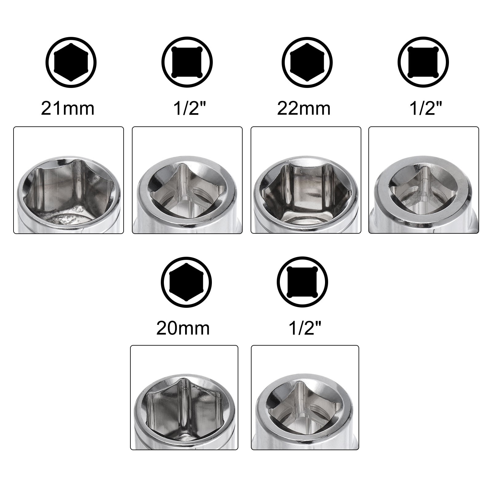 5pcs 6-Point Shallow Socket 1/2″ Drive 20mm 21mm 22mm 23mm 24mm Cr-V Metric