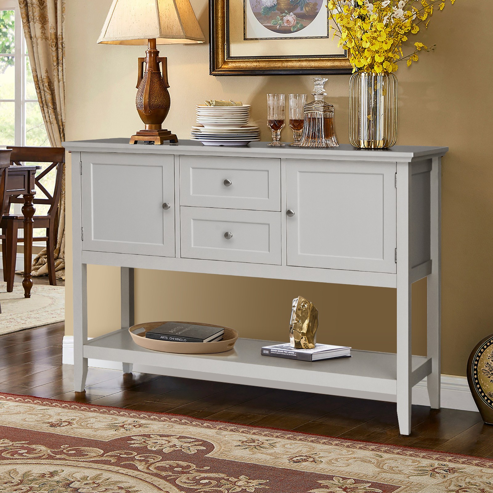 Costway Sideboard Buffet Table Wooden Console Table w/ Drawers & Cabinets Gray