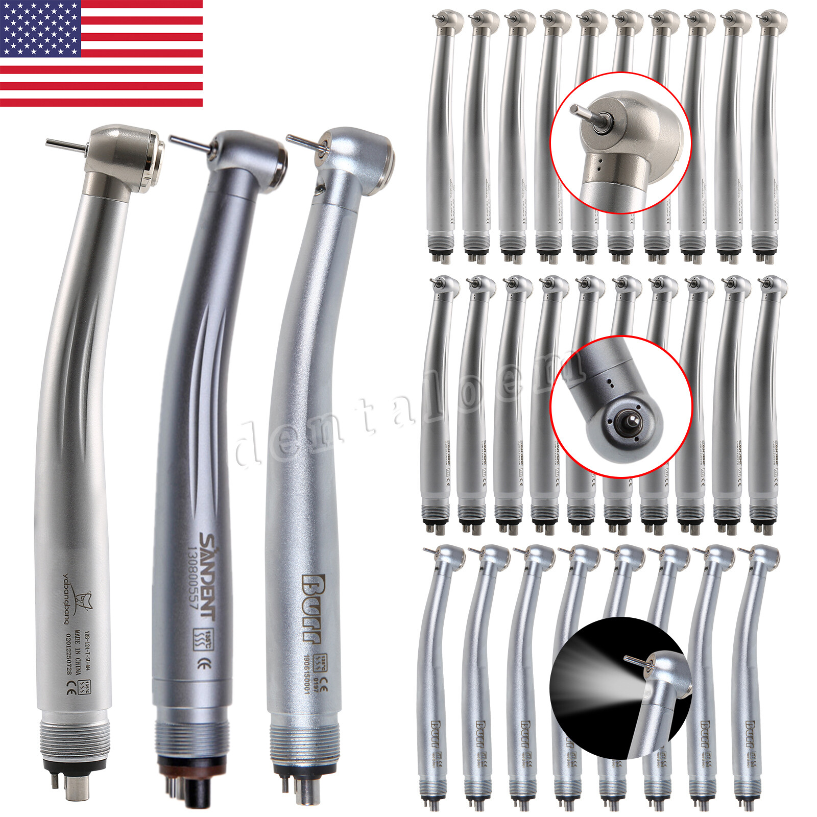 1-10pcs Dental High Speed Turbine Handpiece (LED E-generator) 4 Hole Push Button