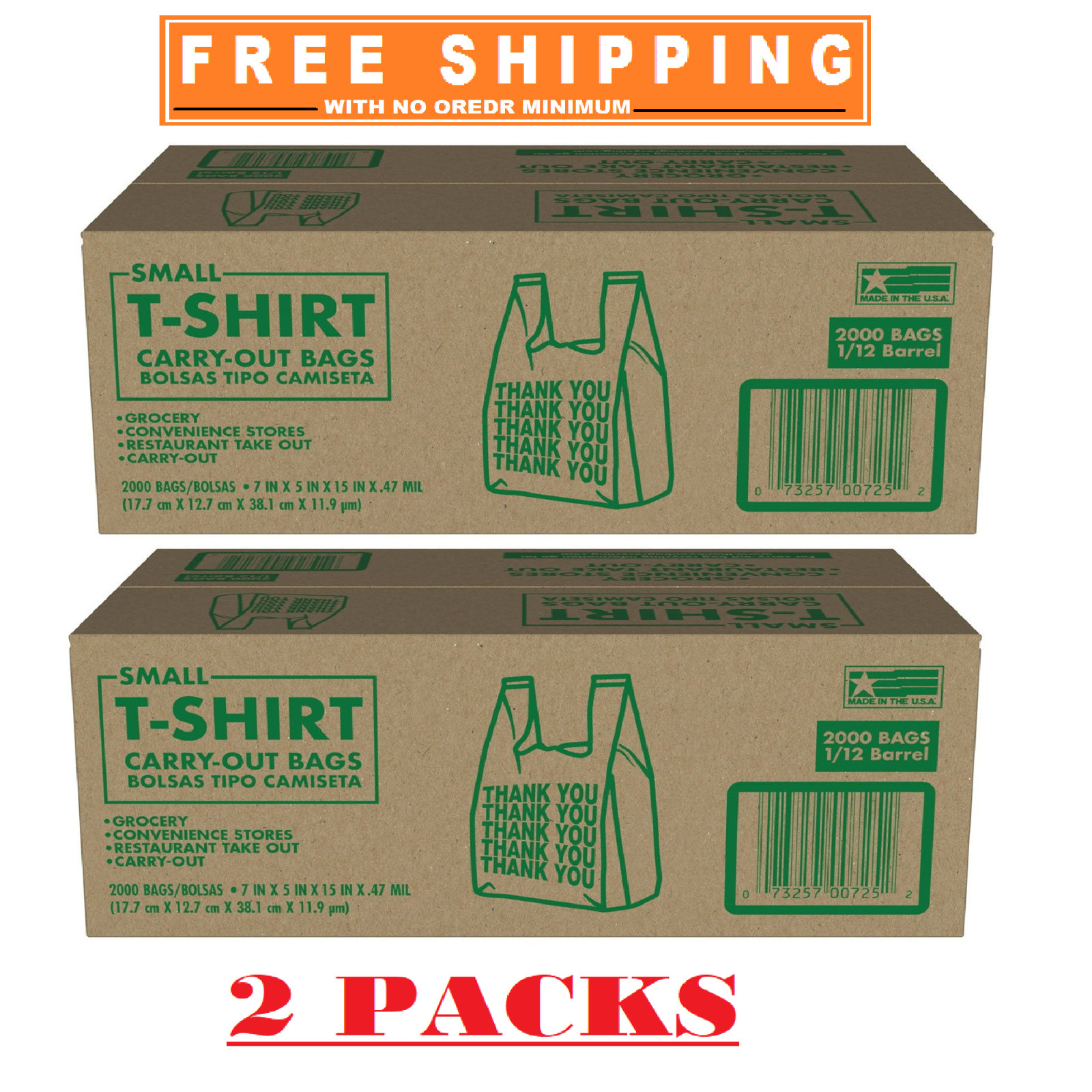 2 PACKS- Small T-Shirt Carry-Out Bags, 7″ x 5″ x 15″ (2000 ct.)