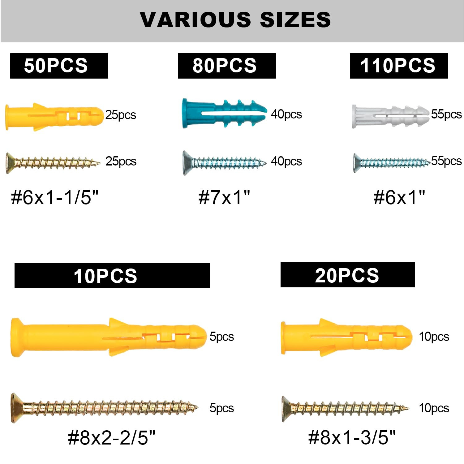 Drywall Anchors and Screws Assortment Kit 270PCS, 135 Plastic Dry Wall Expansion