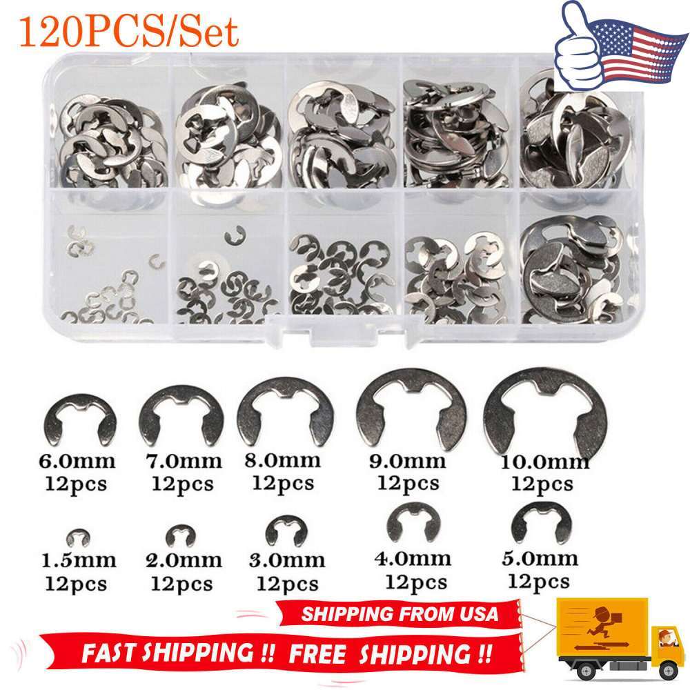 120X Assorted M1.5 – M10 Stainless E Clips C Circlip Kit Retaining Snap Ring Set