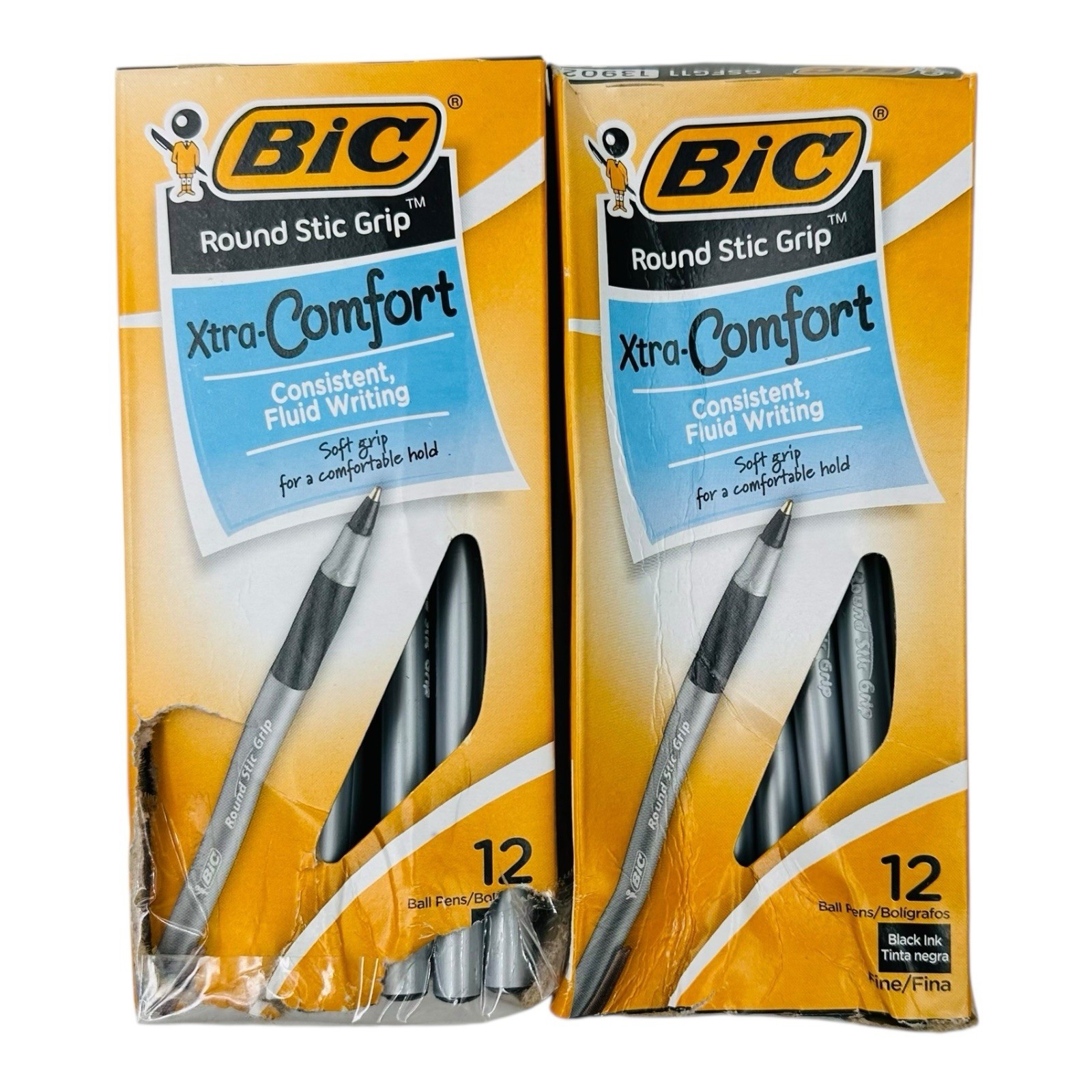 24 Pens BIC Round Stic Grip Xtra-Comfort Black Ink Ballpoint Pen Fine Point