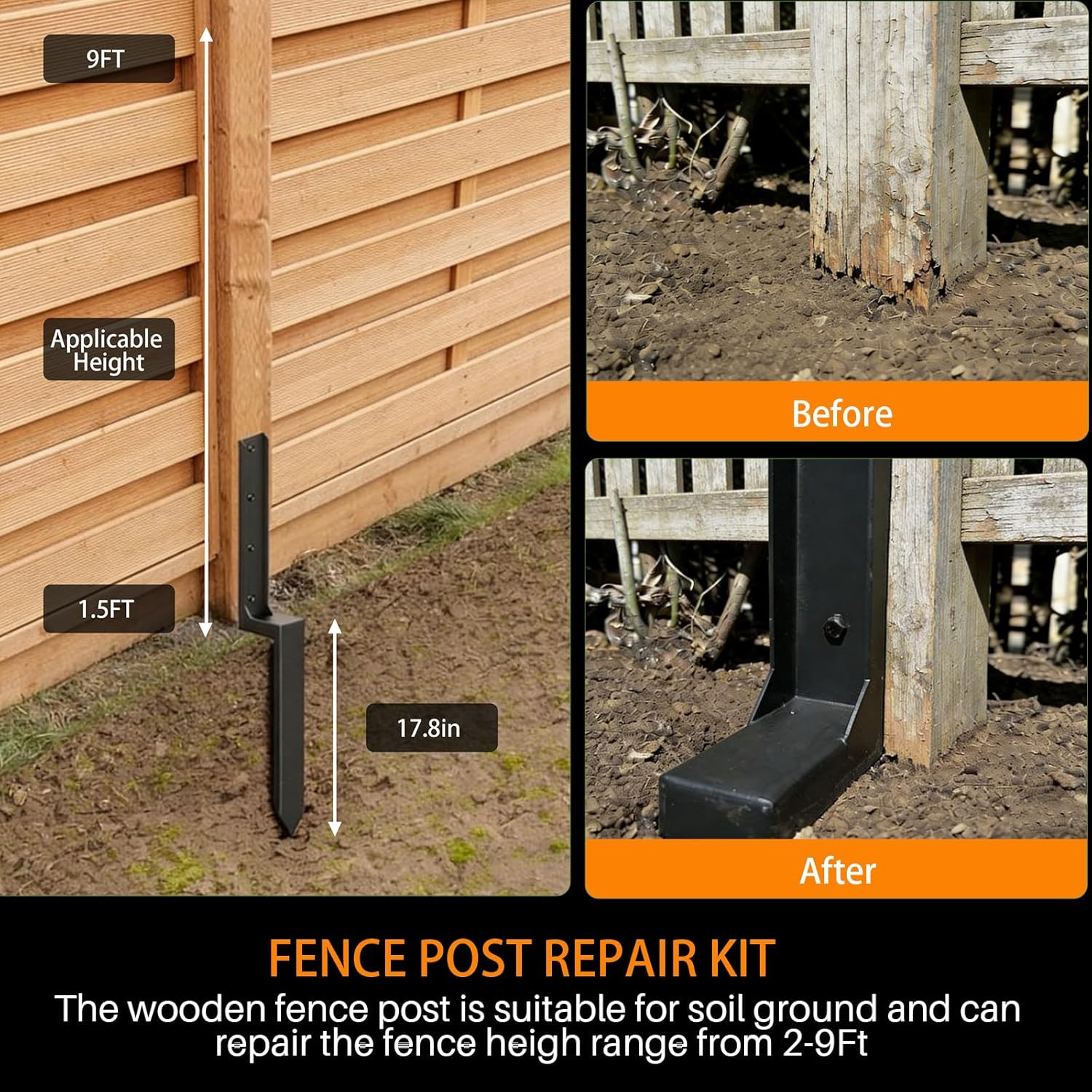 Fence Post Repair Kit Heavy Duty – Thickened Steel Fence Post Anchor Ground Spik
