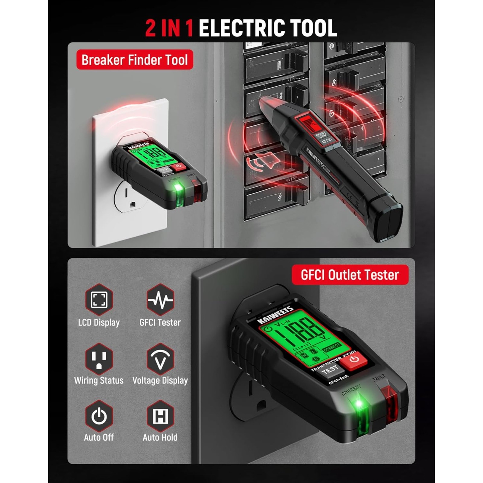 KAIWEETS Circuit Breaker Finder with LCD Display, GFCI Outlet Tester, Electri