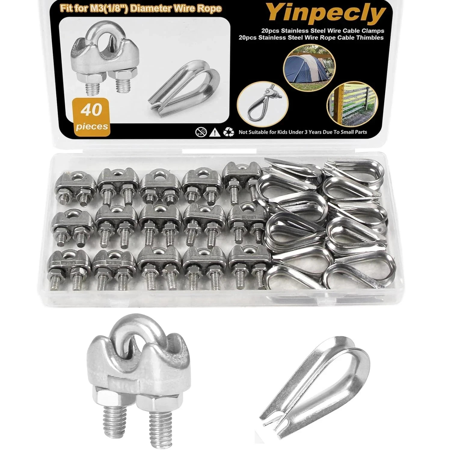 20Pcs 1/8” M3 Wire Rope Clamps 20Pcs M3 Wire Rope Thimble, 304 Stainless Steel