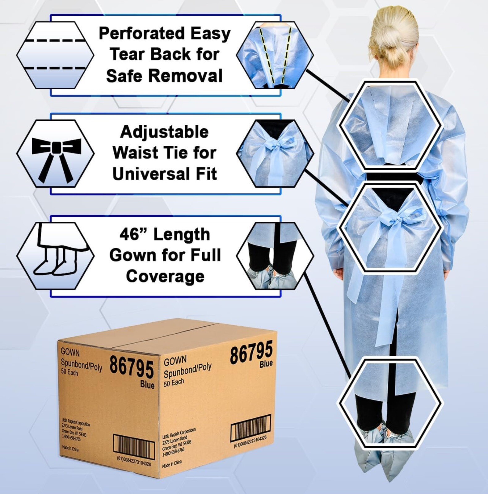 Spunbond/Poly Blue Disposable Gowns 50 pack 86795 AAMI 2 – Little Rapids Corp