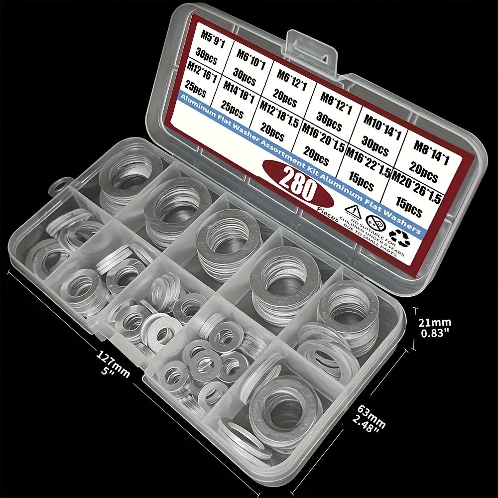 280Pcs Aluminum Flat Washer Kit – Multiple Sizes for Mechanical & DIY Repairs