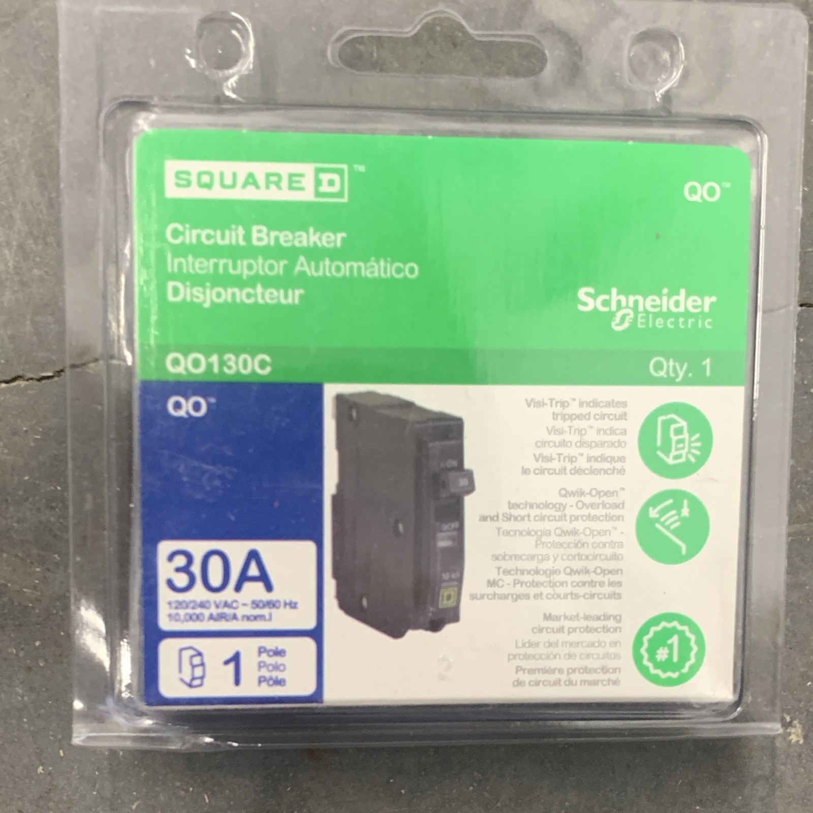 Square D QO130C QO Circuit Breaker 30A 1-Pole 120/240 Vac Trip Indicator