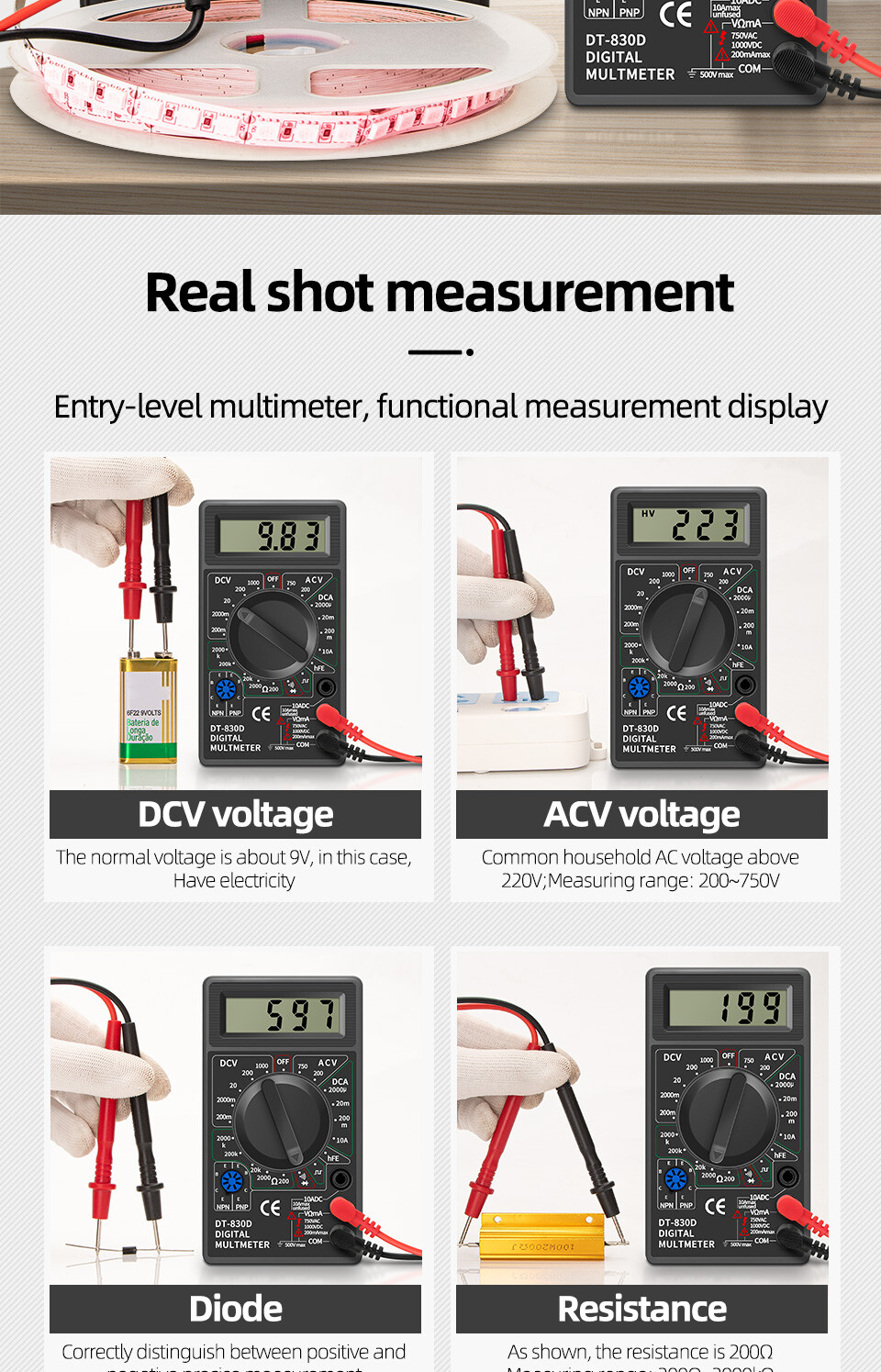 DT830D Mini Digital Multimeter Voltmeter Voltage Ampere Ohm Tester DC AC Ammeter
