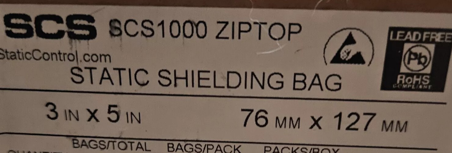 SCS 1000 Static Shielding Bags 3″ X 5″ Zip Top 76mm X127mm ~ Lead Free 100 COUNT