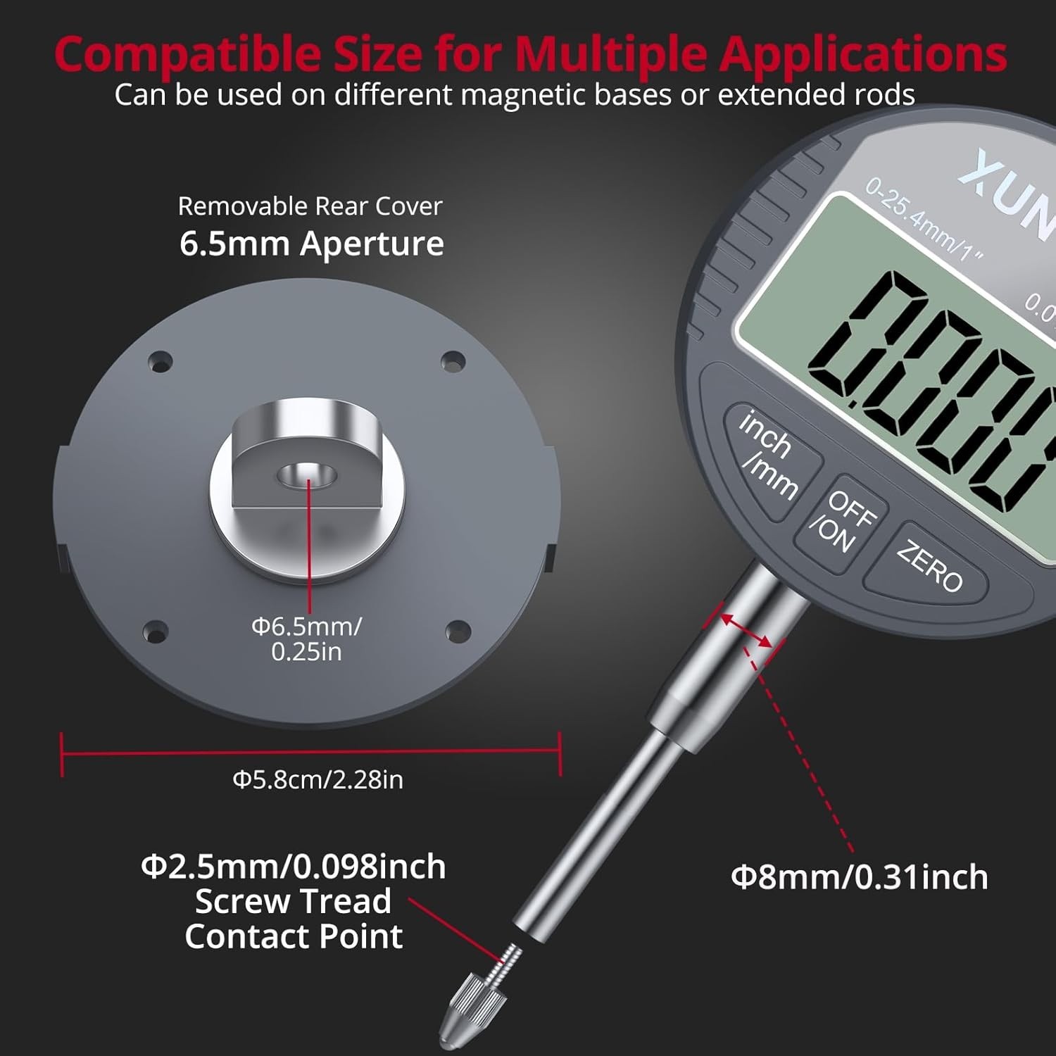 Digital Dial Indicator 1Inch/0.0005Inch LCD Display Electronic Dial Indicat
