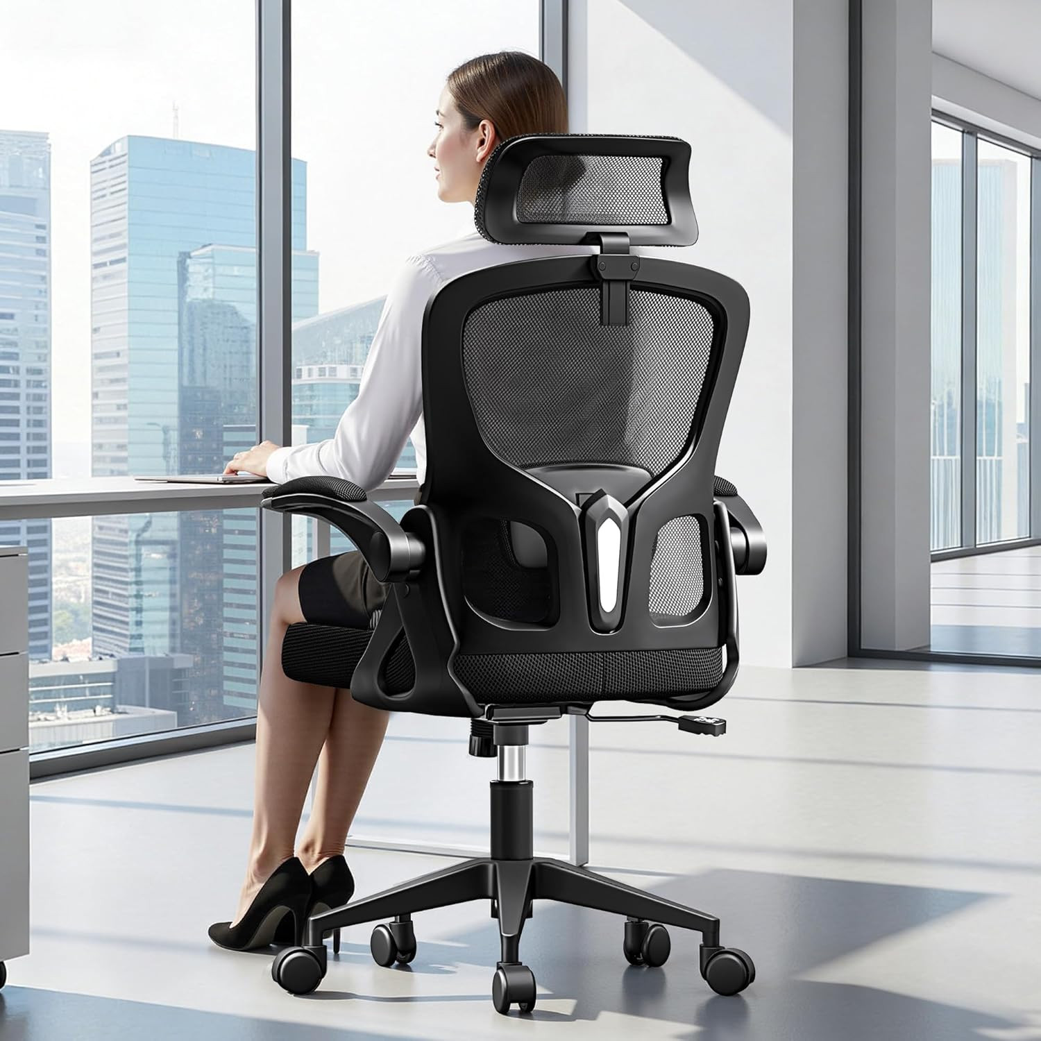 Ergonomic Office Chair, High Back Desk Chair with Flip-Up Arms, 300 LBS Mesh Com