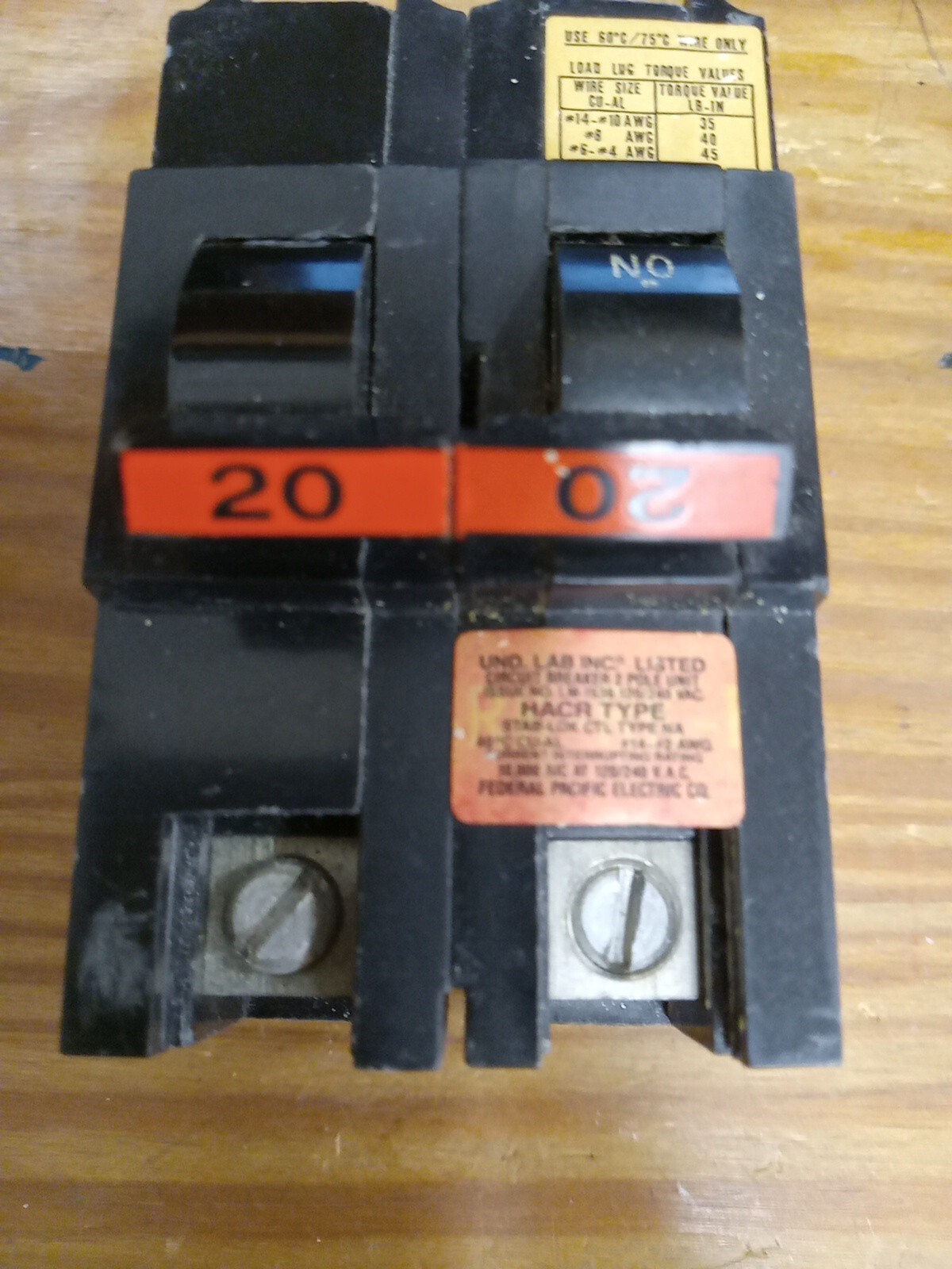 Federal Pacific Stab-Lok NA220 20 Amp 2 Pole Breaker THICK. Used