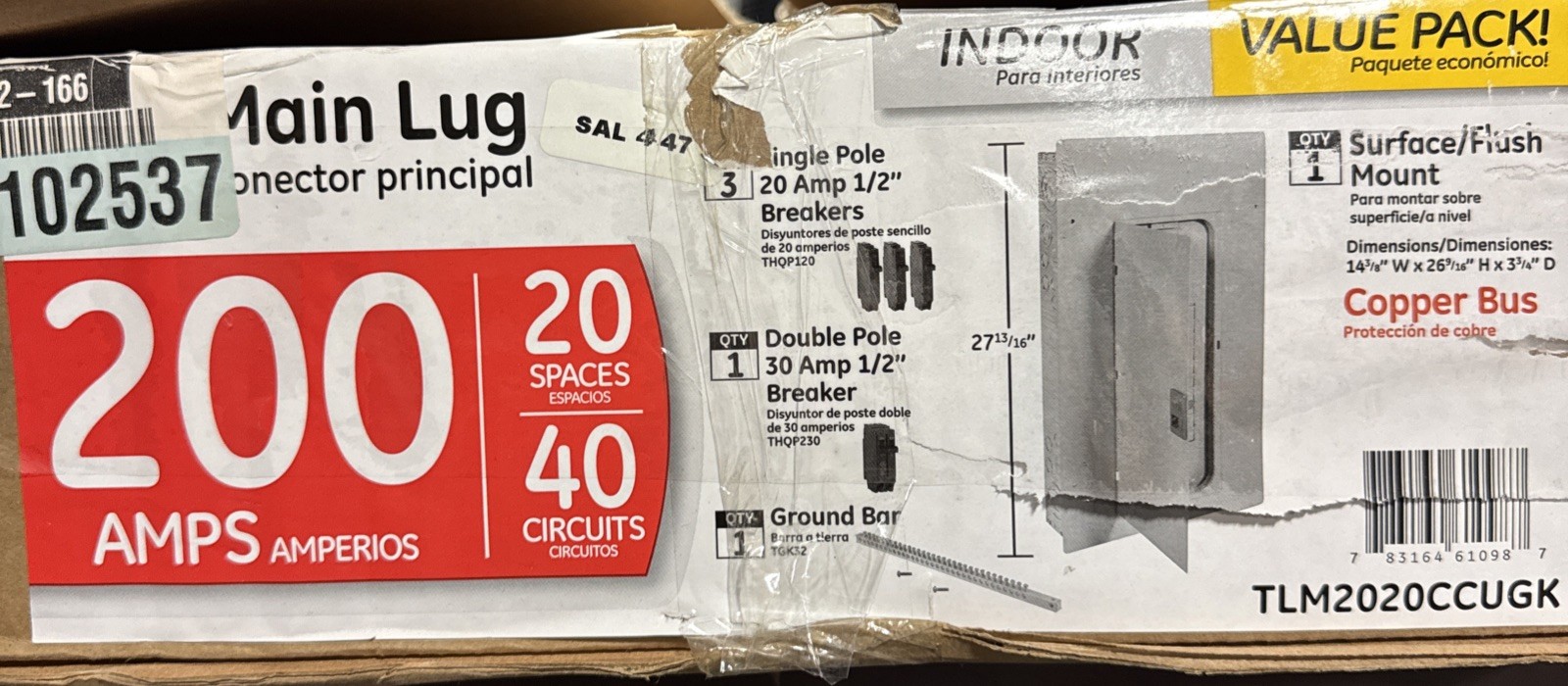 GE 200A 20/40 Main Lug Indoor Load Center Panel w/ Breakers – TLM2020CCUGK