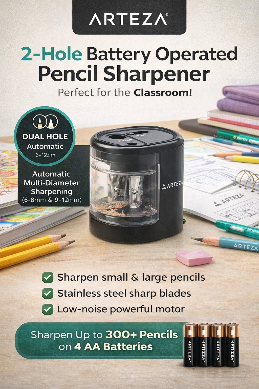 Arteza 2-Hole Battery Operated Pencil Sharpener