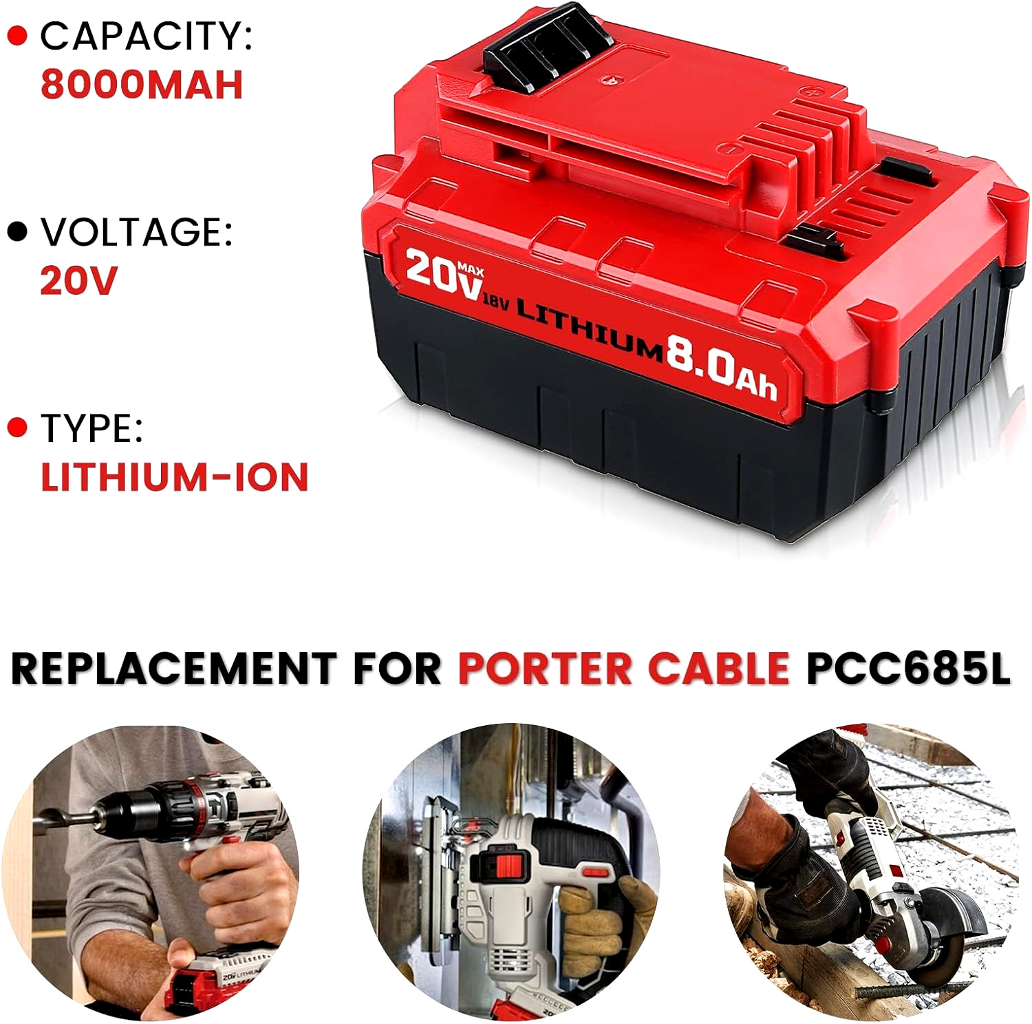 2PACK 20 Volt 8.0Ah Lithium-ion Battery for Porter Cable 20V MAX PCC685L PCC680L