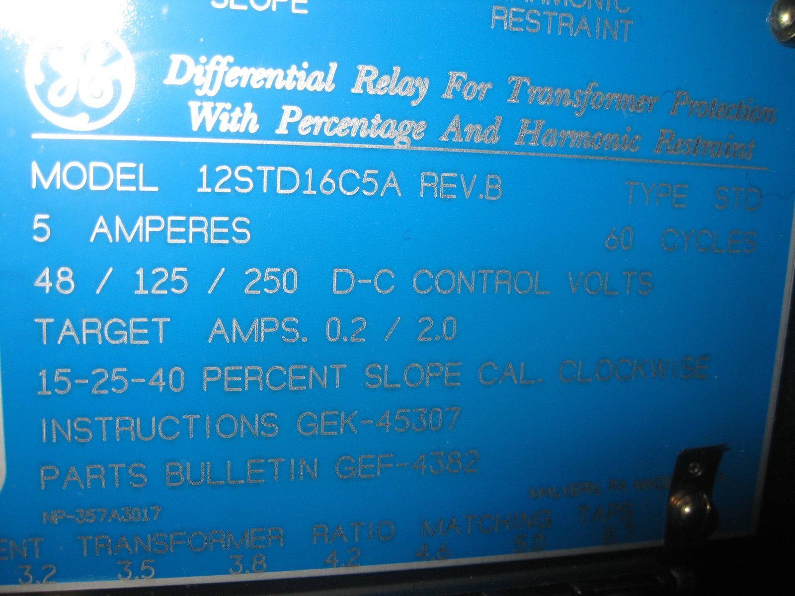 GE 12STD16C5A Differential Relay 5 Amp STD 48V/125V/250V 60 Cycles Target A 0.2