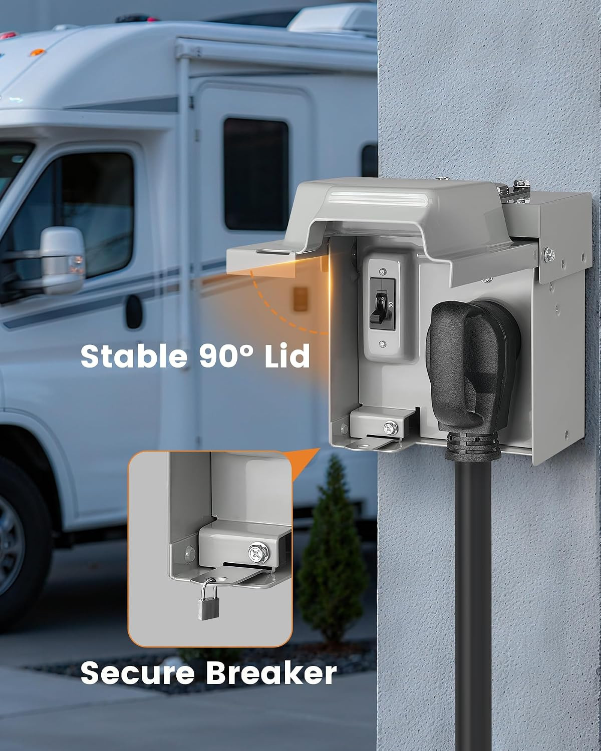 30 Amp RV Outlet Box with Breaker, 125V NEMA TT-30R, Weatherproof Power Box with
