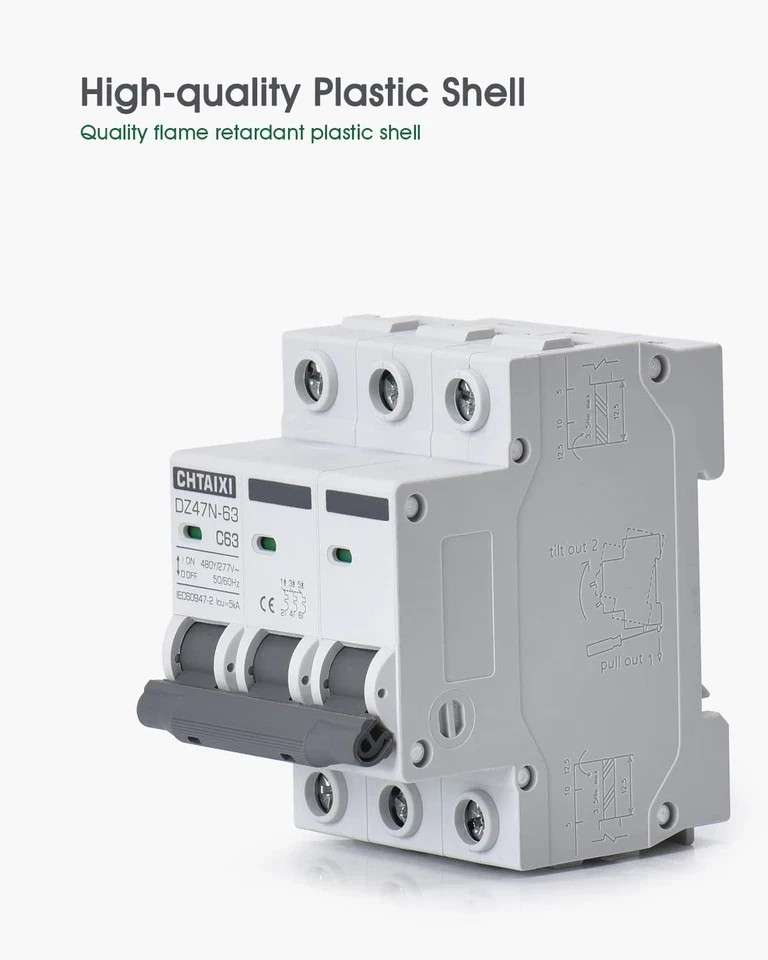 3 Pole DIN Rail Mount Circuit Breaker, 32 Amp 480V AC Miniature Circuit Breaker,