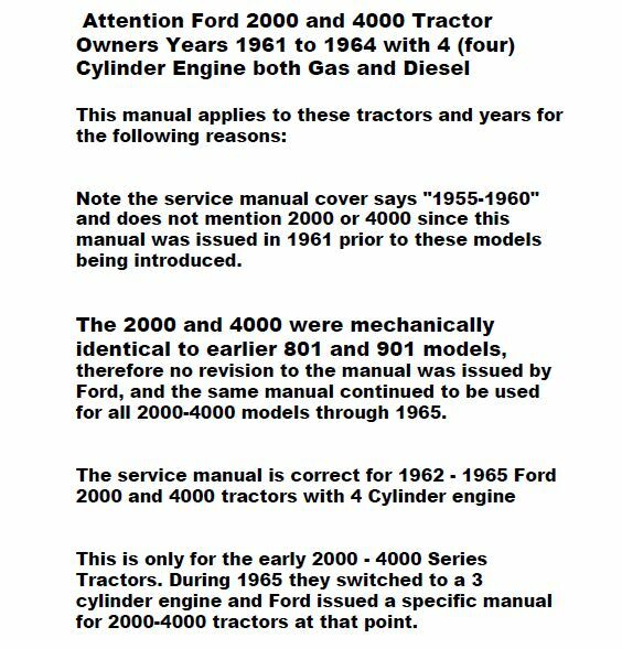 Ford 2000 4000 Early 4Cyl Tractor Service Repair Manual Shop 1962 1963 1964 1965