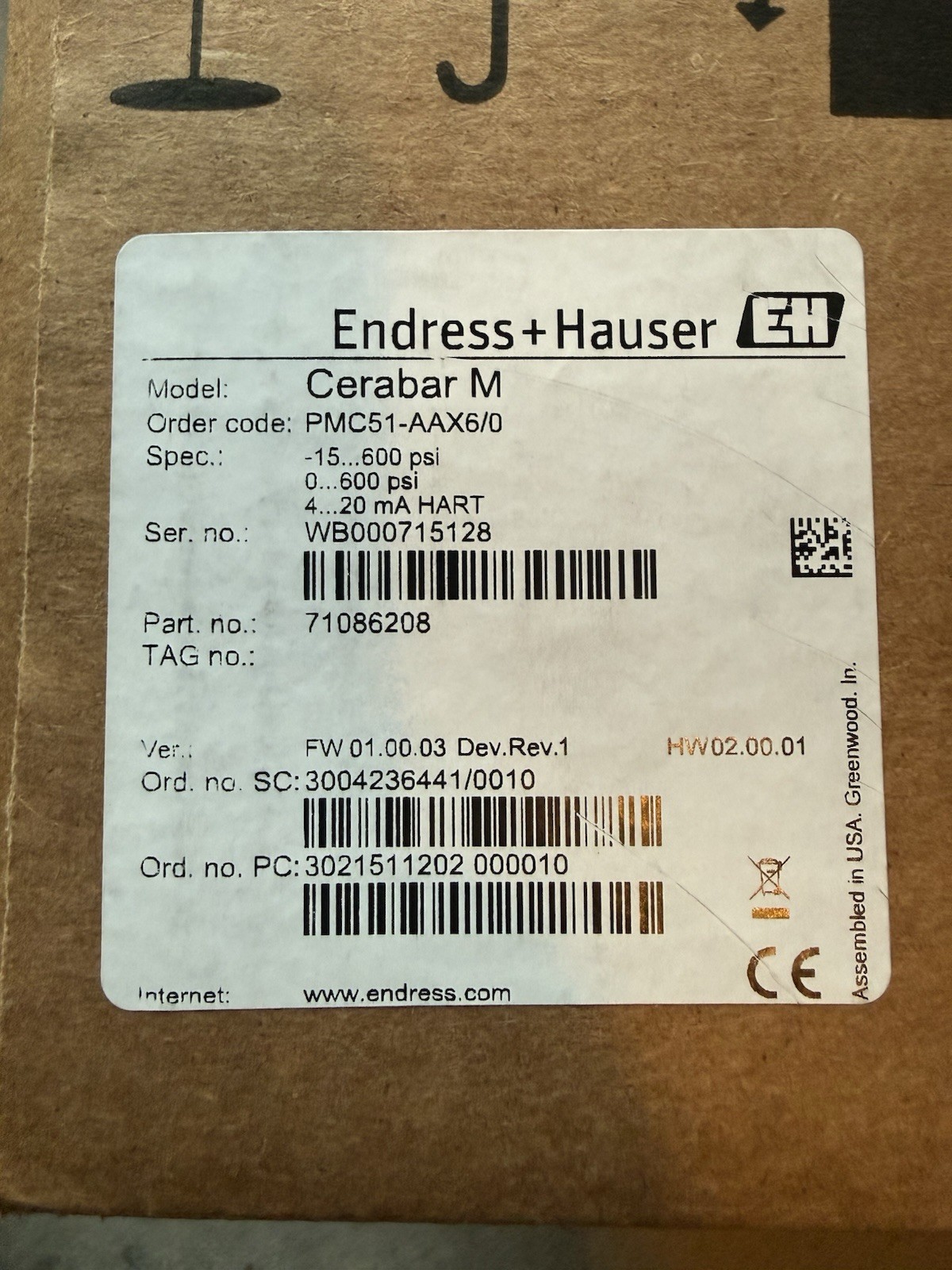 Endless Hauser Cerabar M PMC51 -15-600 PSI pressure transducer