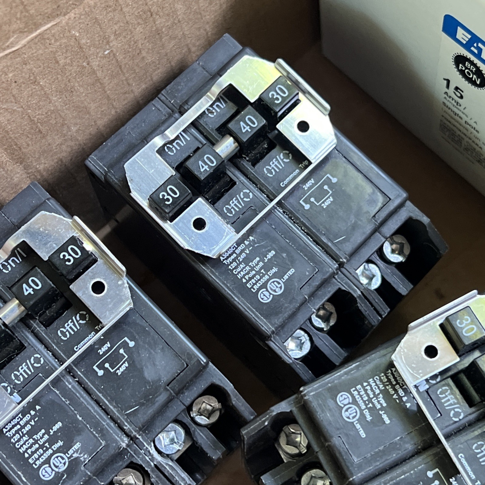 X3 Eaton BQC230240 quad 2P 30A 2P 40A 240v plug on circuit breaker Cutler Hammer